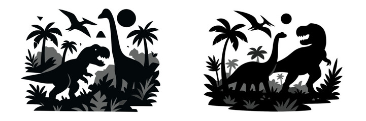 Set of two black and white dinosaur silhouettes in a prehistoric jungle landscape with Tyrannosaurus Rex, Brachiosaurus, and Pterodactyl among palm trees and tropical plants © Alan