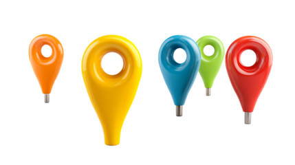 Group of Colorful Location Pins on White Background, cut out transparent