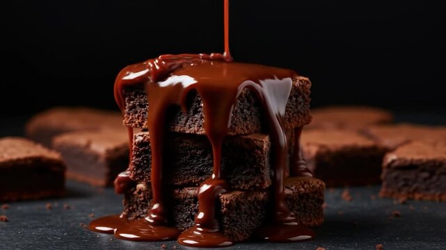 Stack of brownies with chocolate sauce food photography