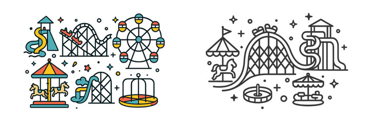 Amusement park icon set with roller coaster, ferris wheel, and carousel rides in color and line art styles © Alan