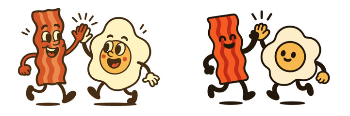 Retro cartoon characters of bacon and a fried egg giving a high five, a symbol of friendship and a classic breakfast combination