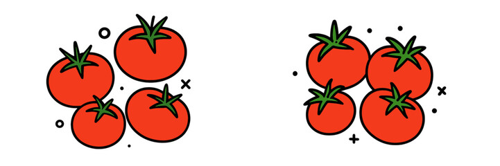 Two sets of red tomato icons with green stems on a white background, healthy vegetable food concept for graphic design