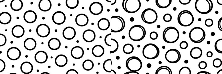 Black and white seamless pattern with hand-drawn circles and dots on a white background, abstract geometric design for textile or wallpaper