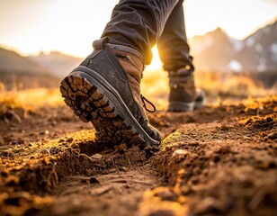 Low angle view of hiking boots on a dirt trail, embarking on an outdoor adventure journey during a golden sunset