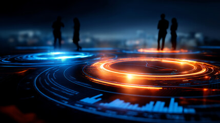 A luminous screen filled with interactive financial charts circular graphs glowing in blue and orange traders analyzing real time updates atmosphere of clarity focus and