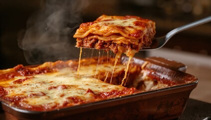 Bubbling lasagna al forno with golden crust served in rustic kitchen setting