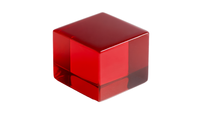 Translucent red cube with sharp edges and subtle internal reflections, cut out transparent