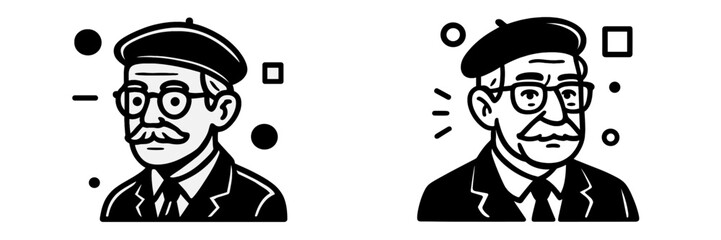 Minimalist black and white icon set featuring a retro portrait of an elderly man with a mustache, glasses, and a beret in a bold graphic style