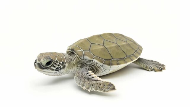 A tiny baby box turtle with a brown shell slowly walks on a clean white background