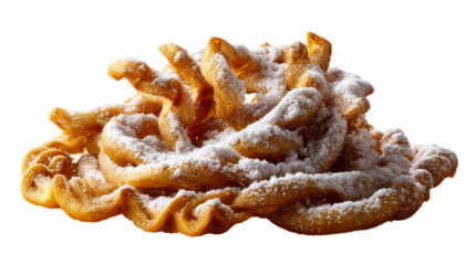 Golden fried dough pastry dusted with powdered sugar, cut out transparent