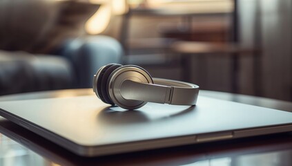 Headphones rest on laptop in bright workspace with calm reflective light