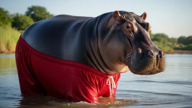 Hippopotamus in red shorts standing in a river, for humorous content