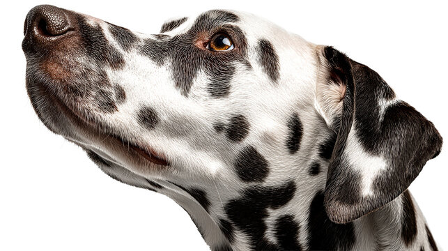 Close-up profile of a Dalmatian dog with black spots on white fur looking upwards., cut out transparent