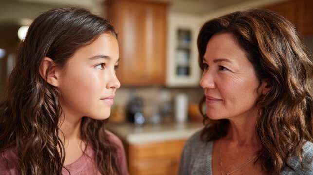 Intense argument between teenage daughter and mother in a cozy kitchen during early evening hours