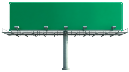 Large Green Billboard with Metal Frame and Lights Isolated on White, cut out transparent