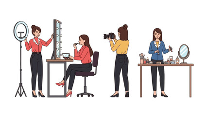 Diverse women creating content with beauty products makeup tutorials and vlogging setup showing camera ring light and vanity table