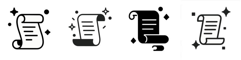 Collection of magic scroll icons representing ancient parchment, historical documents, and spell lists in simple glyph and line art styles