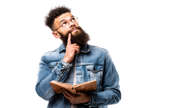 Thoughtful Black man with beard and glasses holding an old book and looking upwards, cut out transparent
