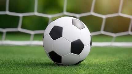 Realistic soccer ball placed on vibrant green grass field near goalpost with blurry background, representing sports, teamwork, and outdoor activities.