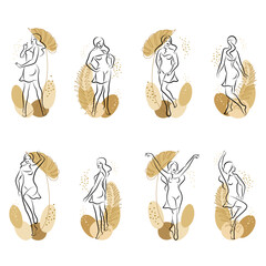 Collection. Silhouette of a cute lady and leaves of a plant. The girl is standing. The woman has a beautiful figure. She is young and slim. Vector illustration set.