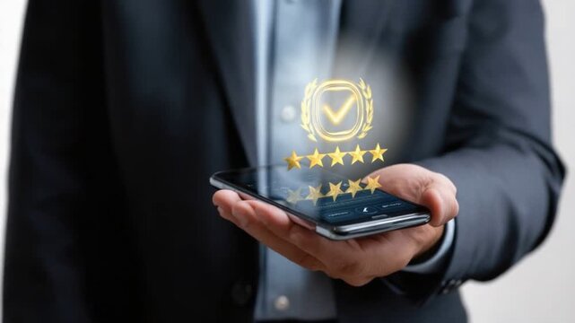 A professional individual using a smartphone, showcasing a glowing five-star review. This image signifies success, quality service, and recognition in the digital age.