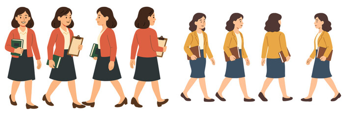 Walking businesswoman character animation sequence with front, side, and back views for creating motion graphics or explainer videos