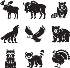 North American Wildlife Silhouettes Collection Moose Bison Bear Wolf Eagle Raccoon Turkey Keywords