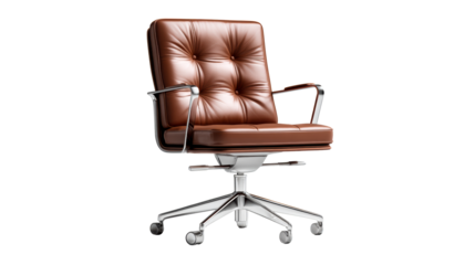 Tufted brown leather office chair with polished metal accents and wheeled base, cut out transparent