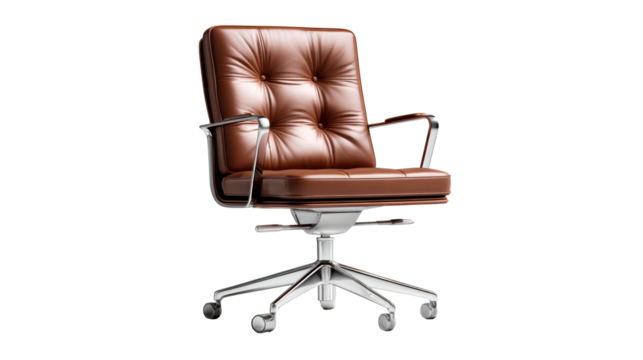 Tufted brown leather office chair with polished metal accents and wheeled base, cut out transparent