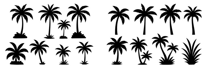 Collection of black palm tree silhouettes isolated on a white background for tropical summer beach designs