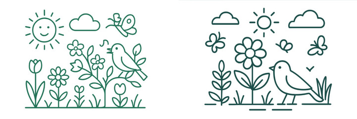 Minimalist green line art collection of spring nature scenes with a singing bird, blooming flowers, smiling sun, and butterflies