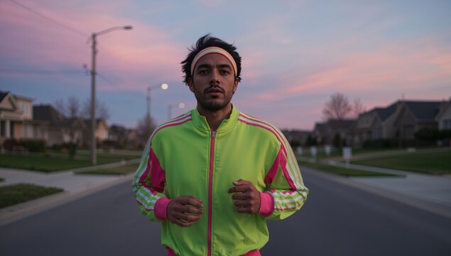 Jogger in neon tracksuit runs through pastel dawn on suburban 1980s street