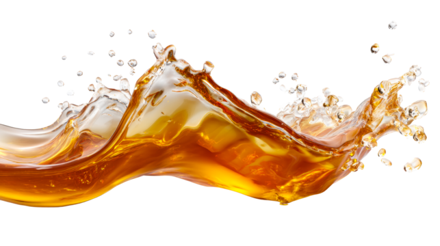 Viscous amber liquid splash with floating droplets against a light background, cut out transparent