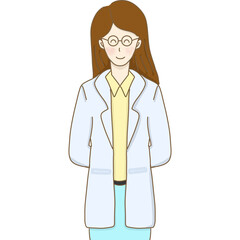 A cartoon illustration of a female doctor haft body wearing glasses and smiling, for Labor Day.
