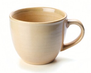 Empty light beige ceramic mug with a curved handle isolated on white background