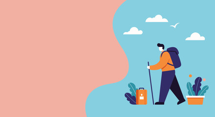 Adventurous traveler with a backpack and hiking stick embarking on a journey under a clear sky. Perfect for concepts of exploration, vacation, and active lifestyle.