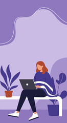 Young woman working remotely on laptop, enjoying flexibility and productivity in a modern, serene environment with plants. Ideal for business, lifestyle, and tech concepts.