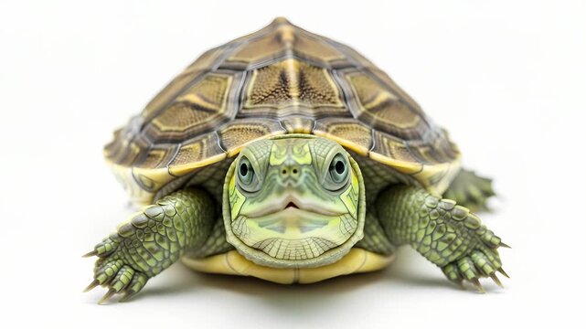 A cute pet turtle with a brown shell crawls on a white isolated background