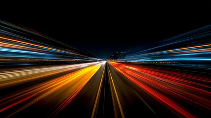 Dynamic cityscape motion with blurred streaks, radiating vibrant colors on a dark urban night backdrop, reflecting speed