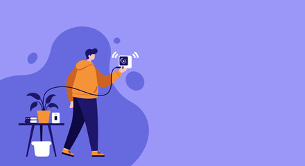 Person setting up a wireless smart home device, controlling modern living technology for a connected lifestyle. Concept of IoT and automation.