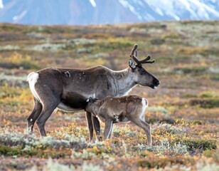 Mother caribou and calf in autumn meadow