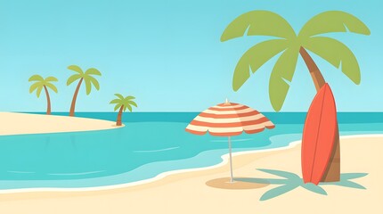 Serene Beach Scene with Palm Trees and Red Surfboard Under Umbrella