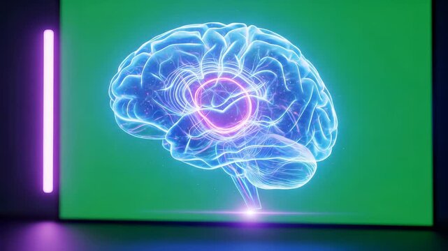 A glowing, detailed illustration of a human brain with a highlighted central area, set against a green backdrop.