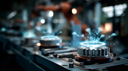 A futuristic smart industry interface filled with glowing gears wireless signals pulsing outward across holographic panels machines syncing seamlessly in the background