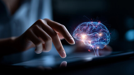 A glowing AI brain visualization hovering above a touchscreen neural circuits sparking with blue and violet light atmosphere of innovation learning and powerful digital