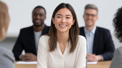 Young professional woman smiles confidently during a job interview with a diverse panel of interviewers in a modern office setting