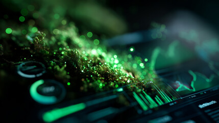 A futuristic sustainability dashboard glowing with green light particles environmental graphs and renewable energy icons orbiting across the screen atmosphere of balance