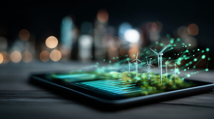 A futuristic sustainability dashboard glowing with green light particles environmental graphs and renewable energy icons orbiting across the screen atmosphere of balance