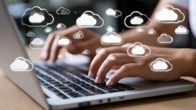 A close-up view of hands typing on a laptop keyboard, surrounded by floating cloud icons, symbolizing cloud computing and modern digital connectivity.