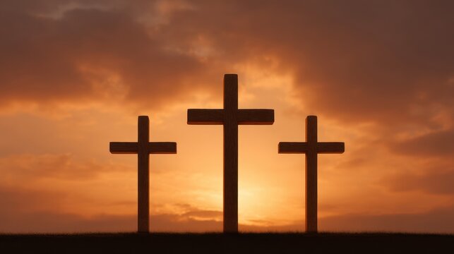 Three Silhouetted Wooden Crosses Against a Vibrant Sunset Sky with Soft Clouds and Glowing Horizon, Symbolizing Faith, Hope, and Renewal